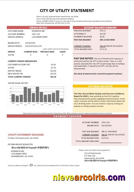 USA City of Utility Statement water business utility bill